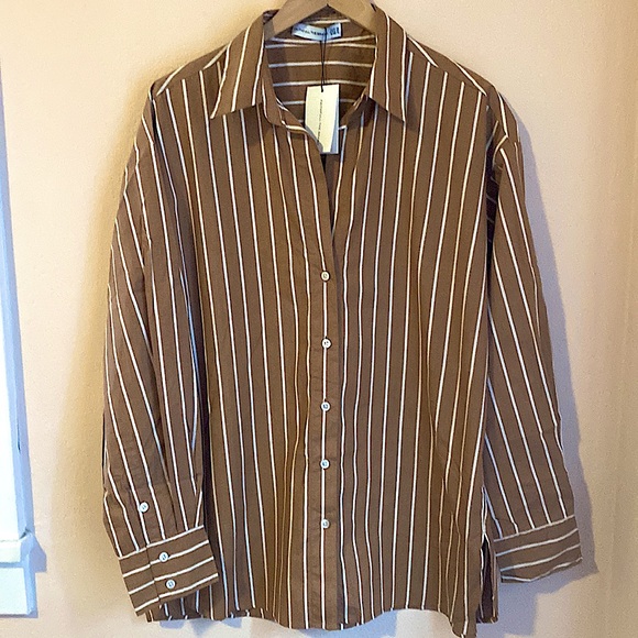 NEW Faithfull the Brand oversized brown white stripe cotton button down Shirt XL - Picture 3 of 16
